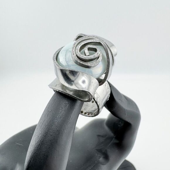 Vintage Swirl Fork Ring Iridescent Stone Handmade Unique Artisan Statement - Picture 3 of 11